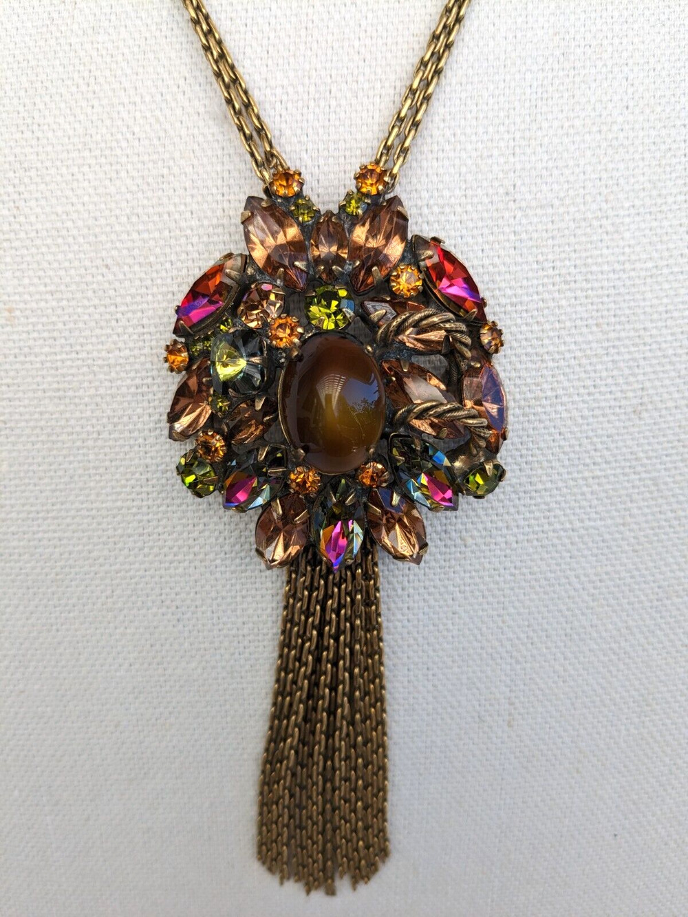 Vintage Unsigned Alice Caviness Watermelon & Gold Tone Rhinestones Necklace Rare